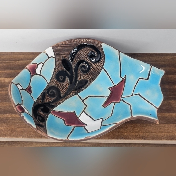 Keramos Other - Keramos Israel Hand Painted Studio Art Pottery Enameled Ceramic Mosaic Dish 6"
